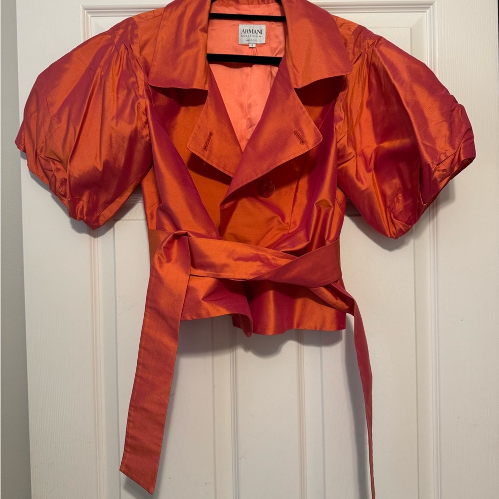 Armani Collezioni Orange Satin Puff Sleeve Blouse
